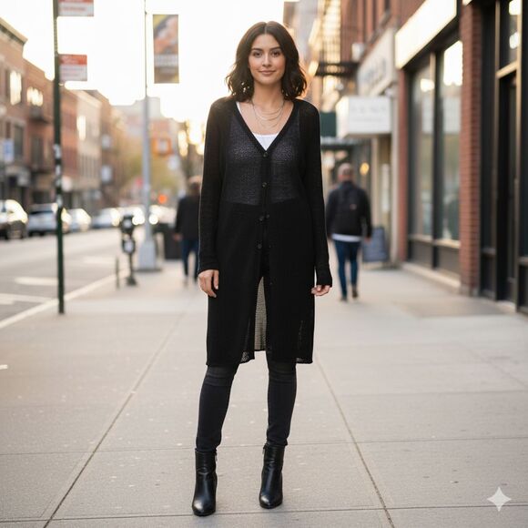 VTG 90s Y2K Sheer Knit Cardigan M Black 3 Button Open Goth Duster Grunge Crochet - Picture 1 of 6